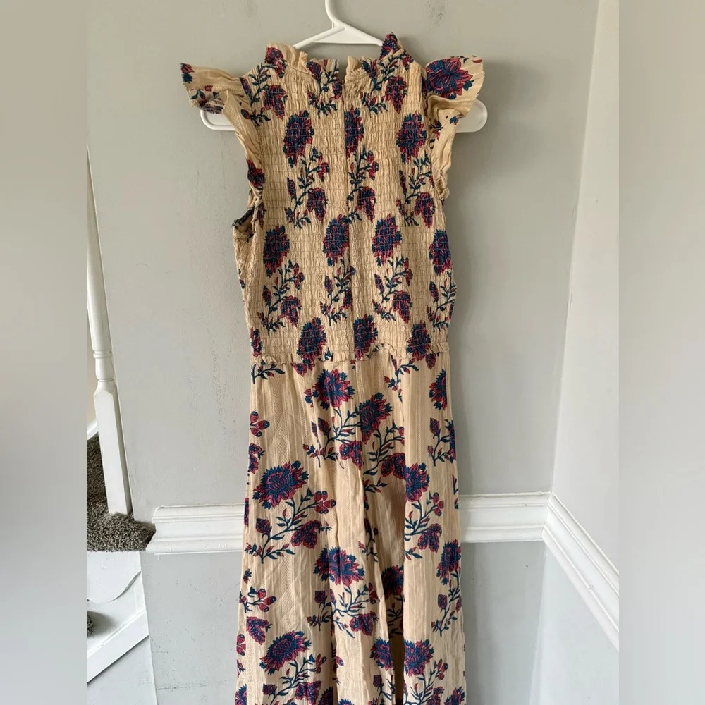 Sea New York Beige Floral Maxi Dress with Ruffle Shoulder mock neck 100% cotton - Picture 6 of 8